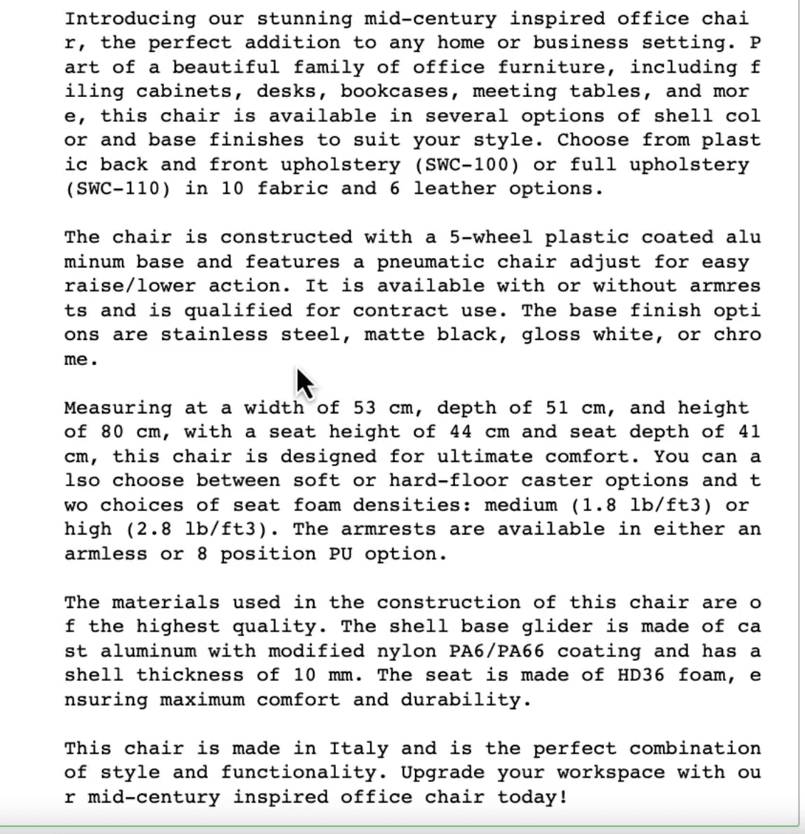 Screenshot of a result for generating a marketing product description using a first prompt